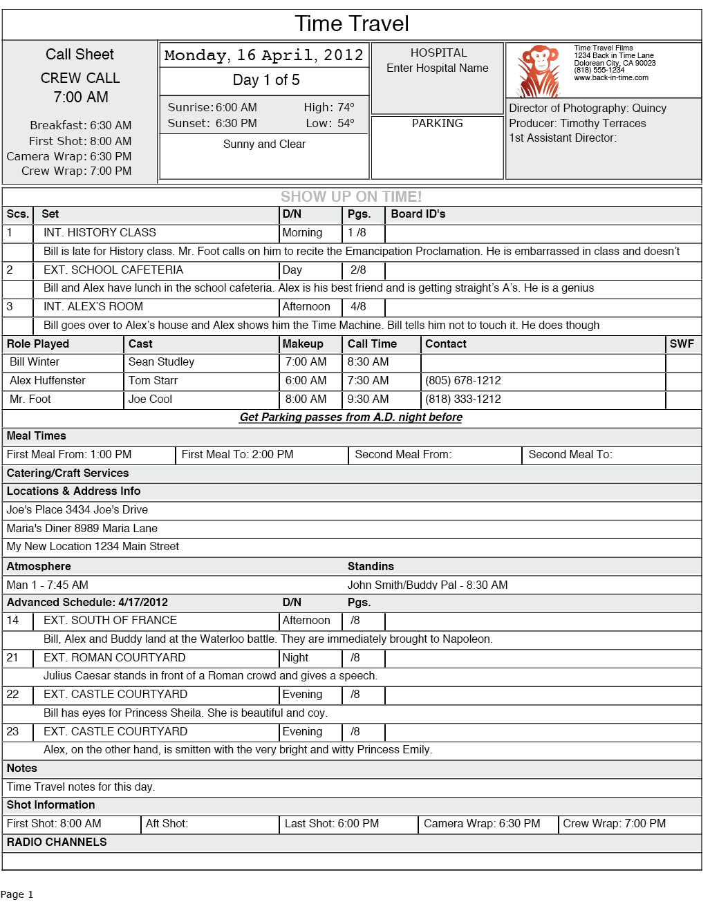 FREE Call Sheet Template In Excel