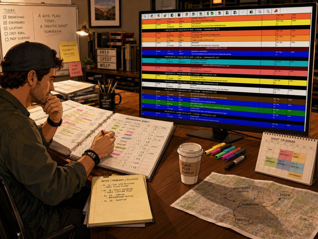 Assistant director turning screenplay breakdown information into a digital stripboard with color-coded production strips.