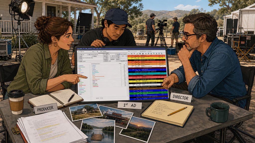 Production team reviewing a Gorilla Scheduling stripboard with cast names shown on the strips for easier scheduling decisions.