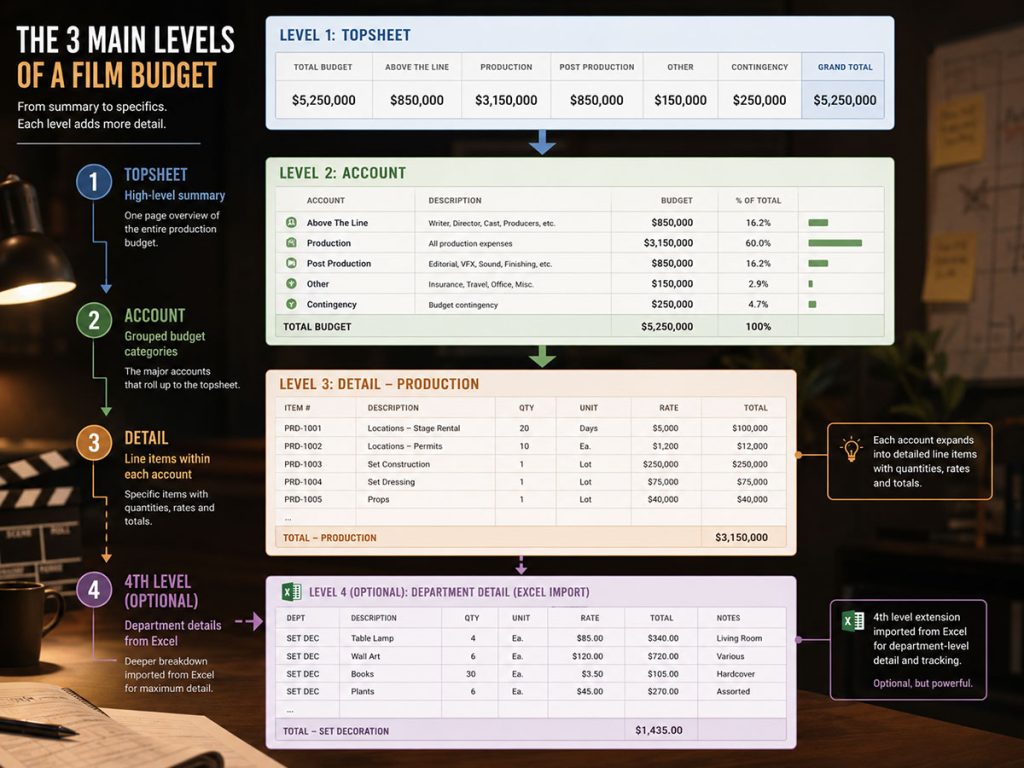 Professional film budget structure showing topsheet, account level, detail level, and optional fourth-level Excel department import.