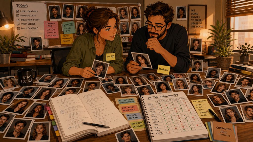 Assistant director and producer scheduling actors with cast headshots, a stripboard, actor availability notes, and a Day Out of Days report.