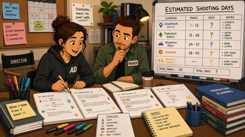 Assistant director and producer reviewing a script breakdown to estimate shooting days from page count, cast, locations, and production elements.