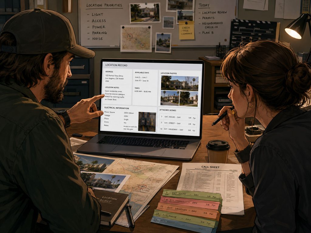 Location manager and assistant director reviewing location details connected to a film schedule.