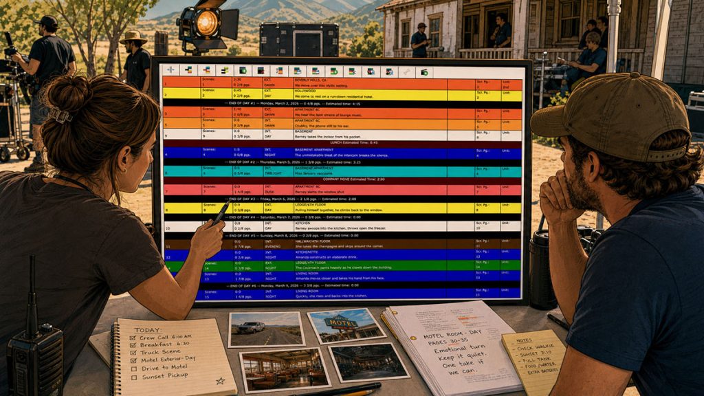 Digital Gorilla Scheduling stripboard showing production strips sorted by location, set, and day/night for film scheduling.