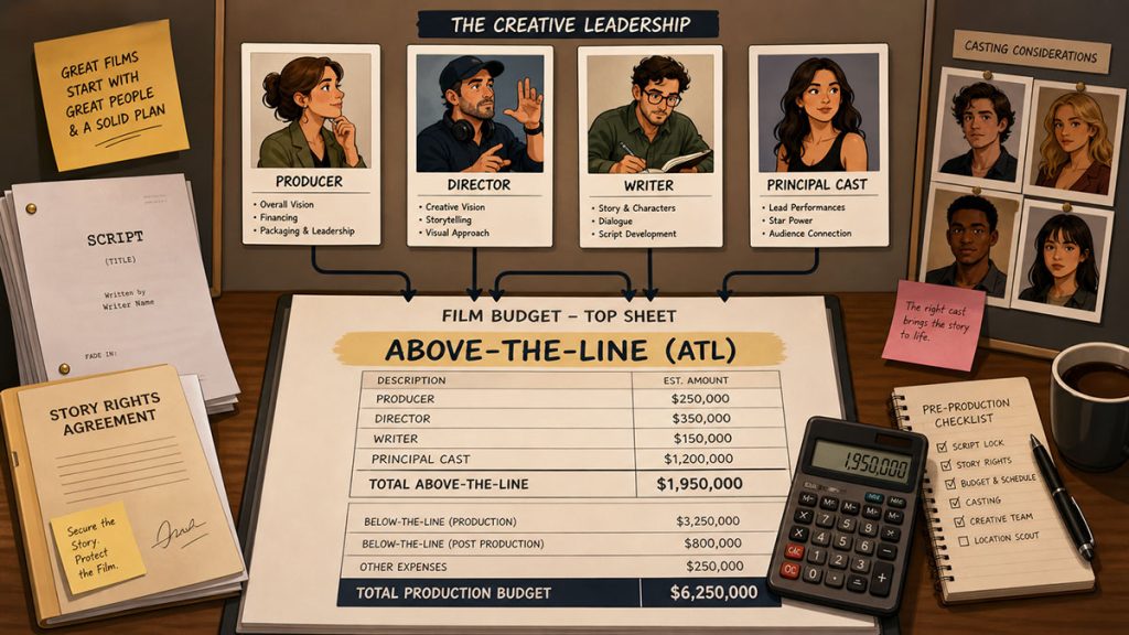Above-the-line film budget category showing producer, director, writer, principal cast, script pages, and story rights documents.