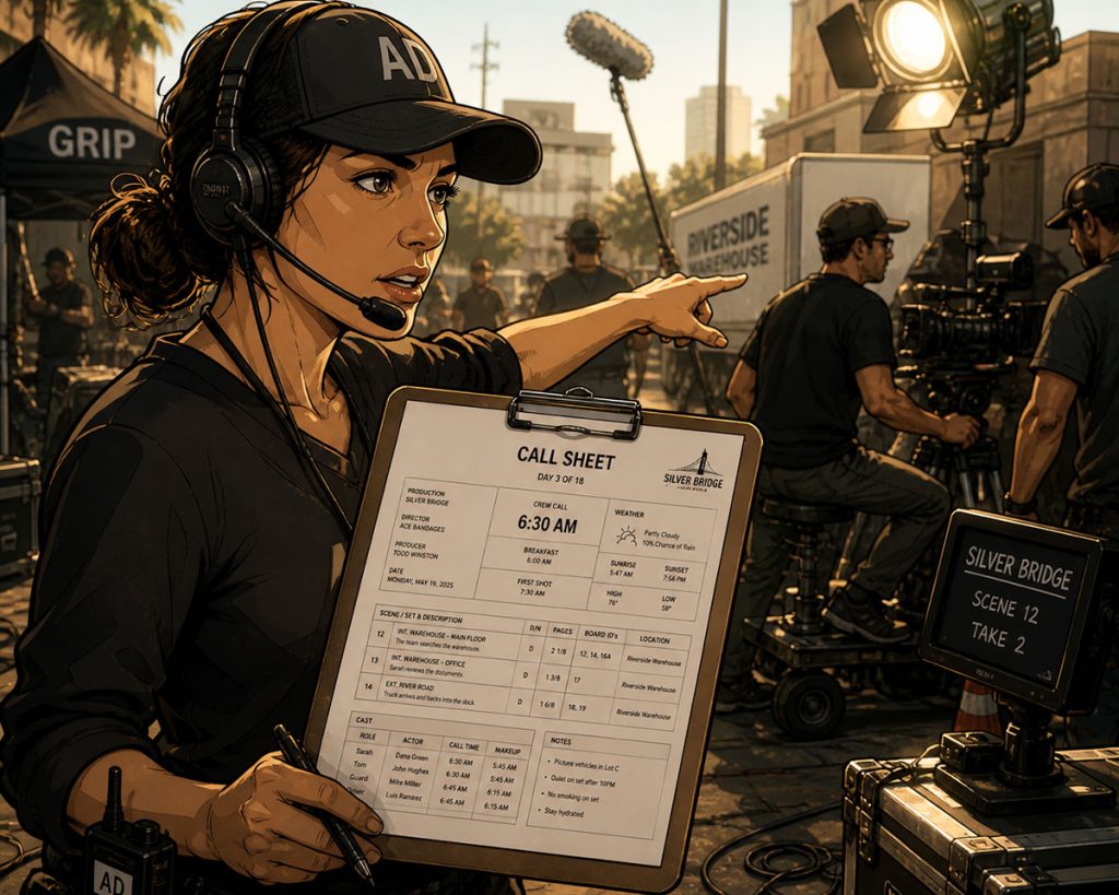 detailed film call sheet with call times cast crew and scene breakdown information