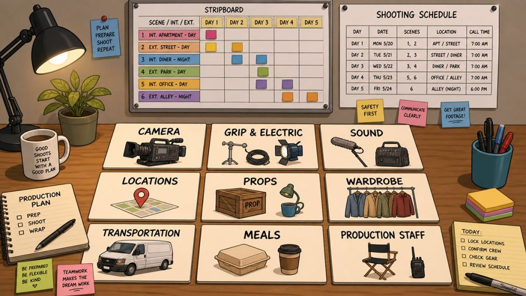 Below-the-line film budget categories organized as department cards connected to a shooting schedule and stripboard.