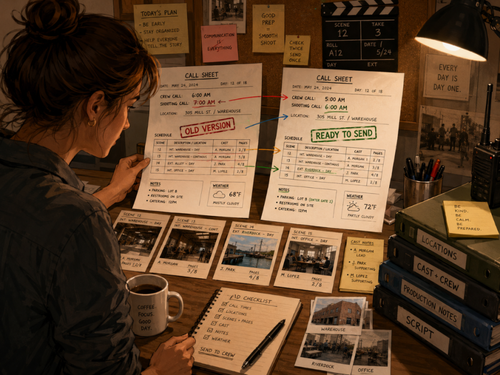 Assistant director checking that a call sheet matches the latest shooting schedule before sending it to cast and crew.