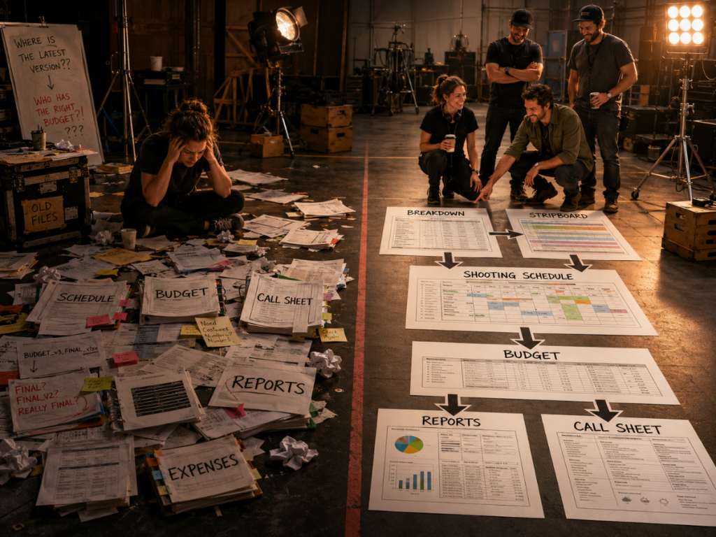 Comparison of scattered spreadsheet-based production management and an organized connected film production workflow.
