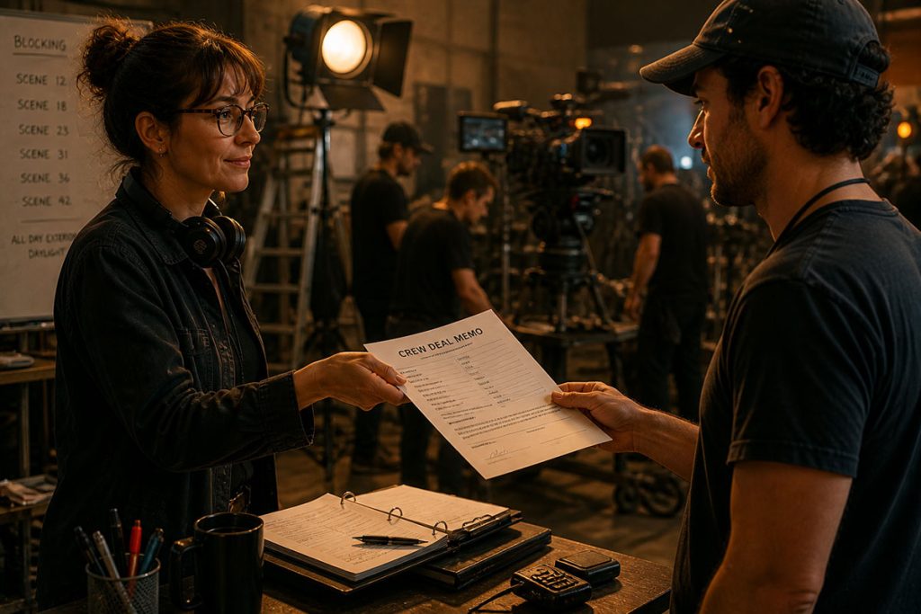Producer handing a crew member a deal memo on a film set, representing agreement on terms, pay, and responsibilities before production begins.