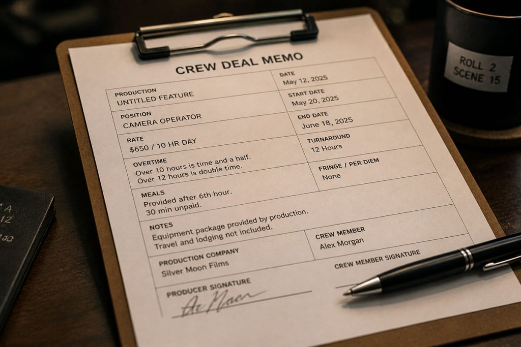 Close-up of a crew deal memo document with sections for rate, role, and signature, ready to be signed before production.