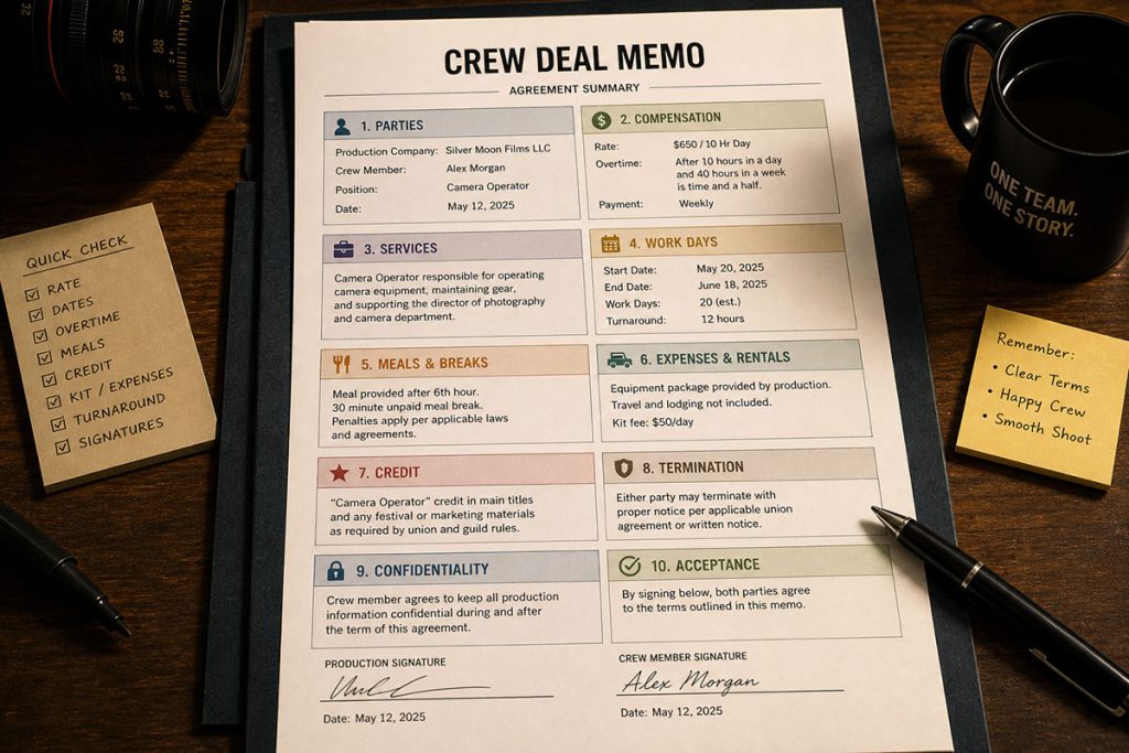 Close-up of a crew deal memo document with sections for rate, role, and signature, ready to be signed before production.