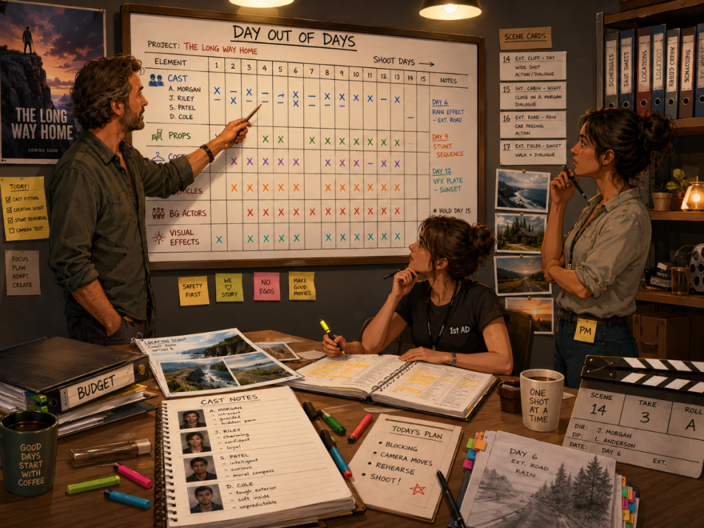 Day Out of Days report showing cast and breakdown element work days connected to schedule and budget planning.