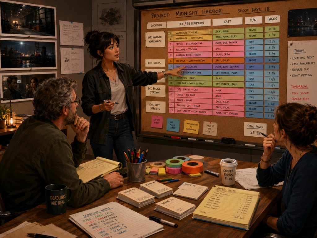 Assistant director presenting a colorful stripboard report in a creative film production office.