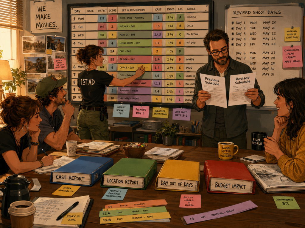 Film scheduling revision showing updated stripboard, shooting schedule, cast report, location report, DOOD, and budget impact documents.