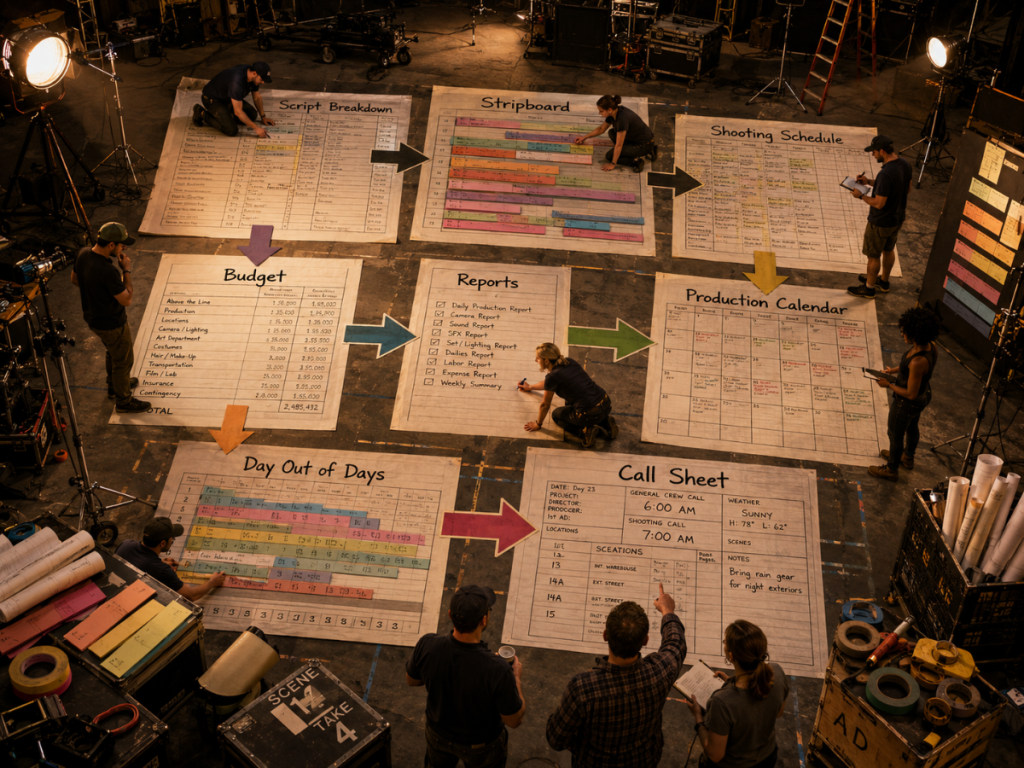 Film production workflow showing a screenplay becoming a breakdown, stripboard, shooting schedule, budget, reports, and call sheet.