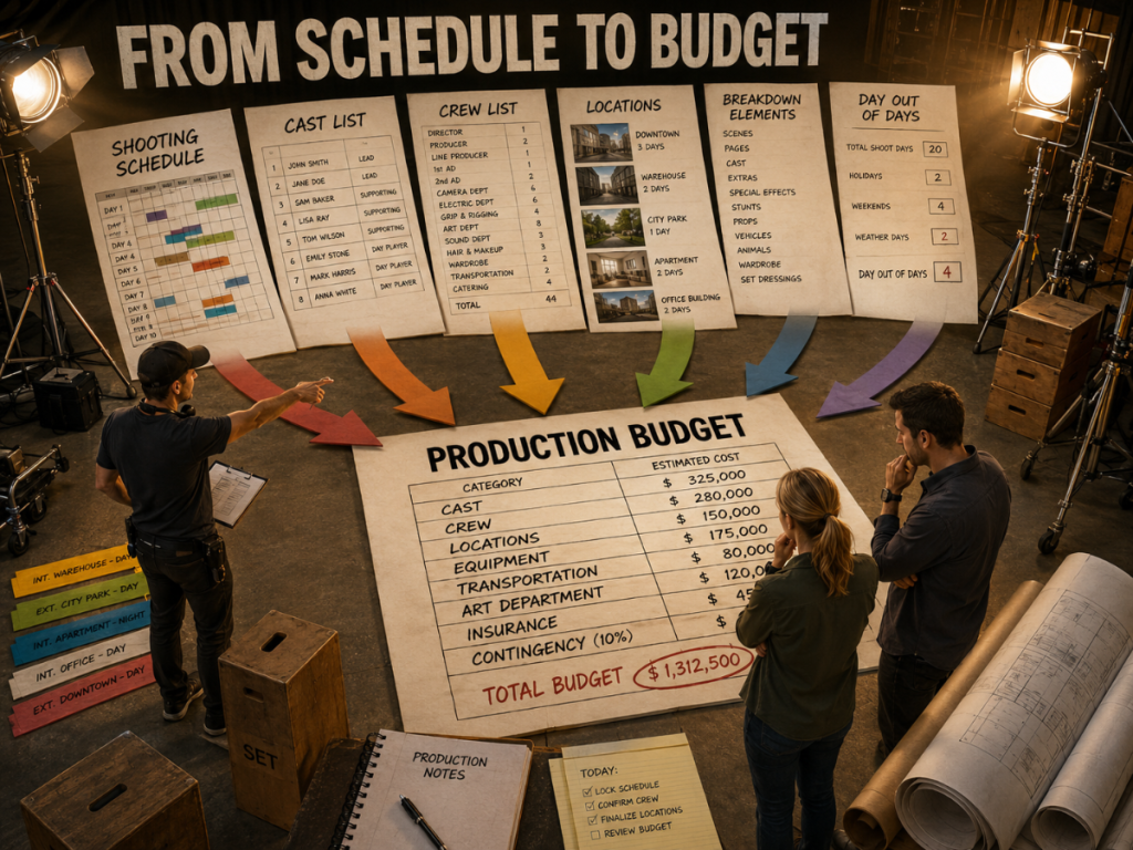 Schedule, cast, crew, locations, and breakdown elements flowing into a film production budget.