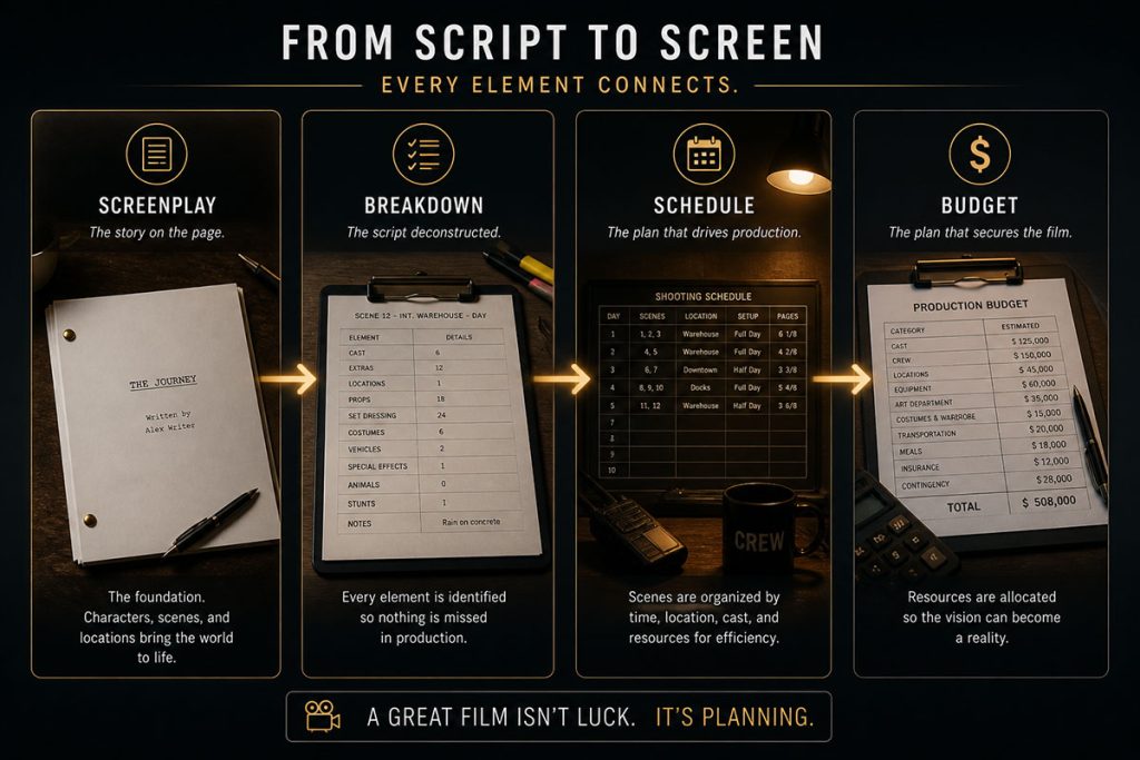 Flow diagram showing how a screenplay connects to breakdown, schedule, and budget in film production.