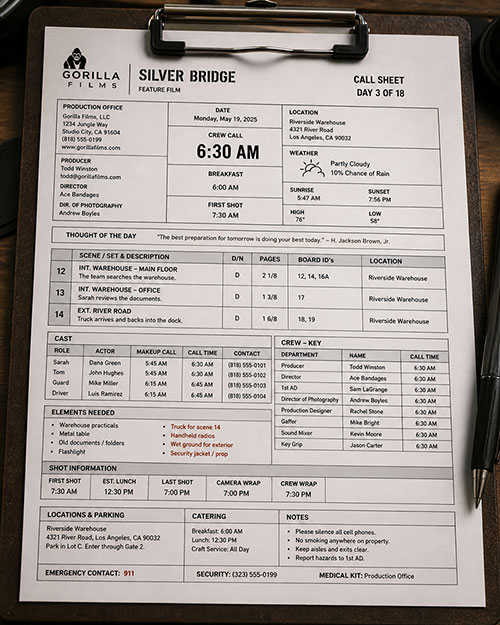 film call sheet showing crew call time cast list scenes and production details