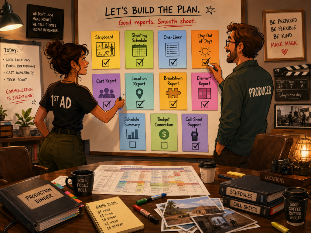 Producer and assistant director reviewing film scheduling report options including stripboard, shooting schedule, one-liner, DOOD, cast, location, and breakdown reports.