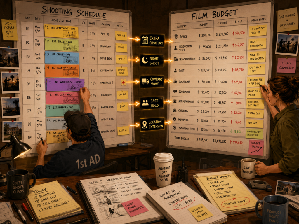 Shooting schedule changes causing budget impacts such as extra shoot days, cast holds, company moves, and location extensions.