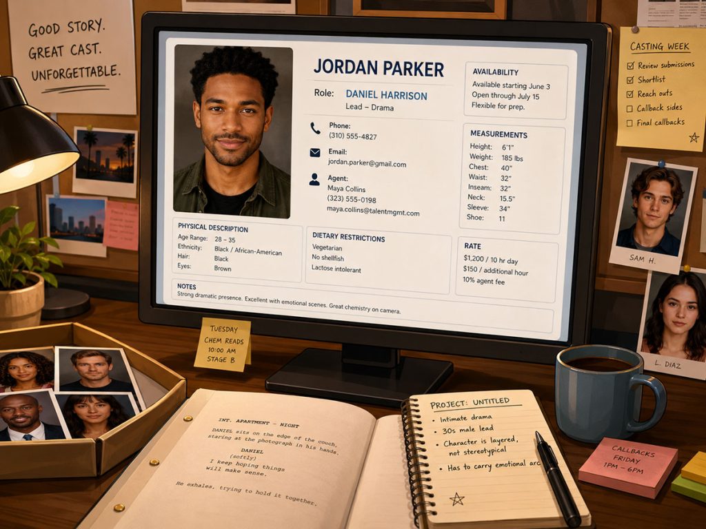 Actor record with headshot, contact information, role, agent, measurements, availability notes, dietary restrictions, and rate information.