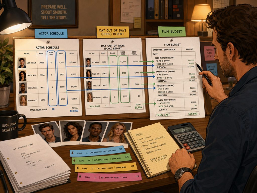 Producer comparing actor work days, Day Out of Days report, and cast budget line items to understand actor scheduling costs.