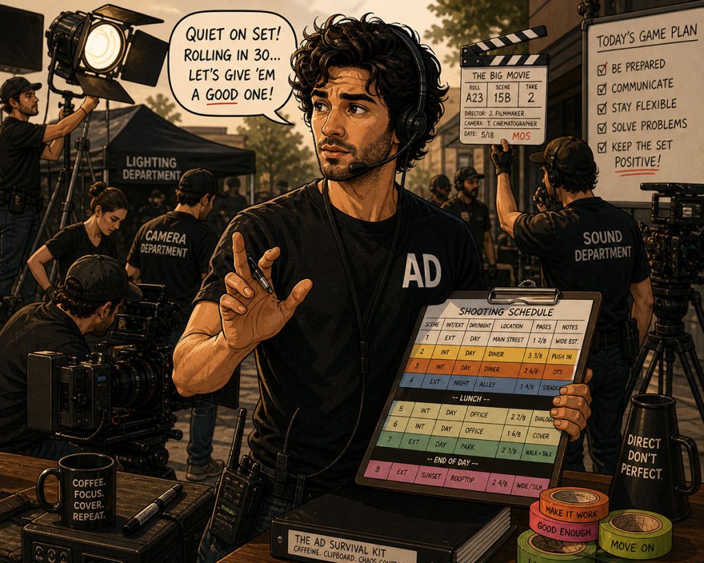 assistant director on film set managing crew and production schedule