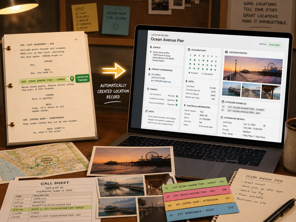 Tagged screenplay location flowing into a detailed film scheduling location record with permits, photos, rates, and attached scenes.