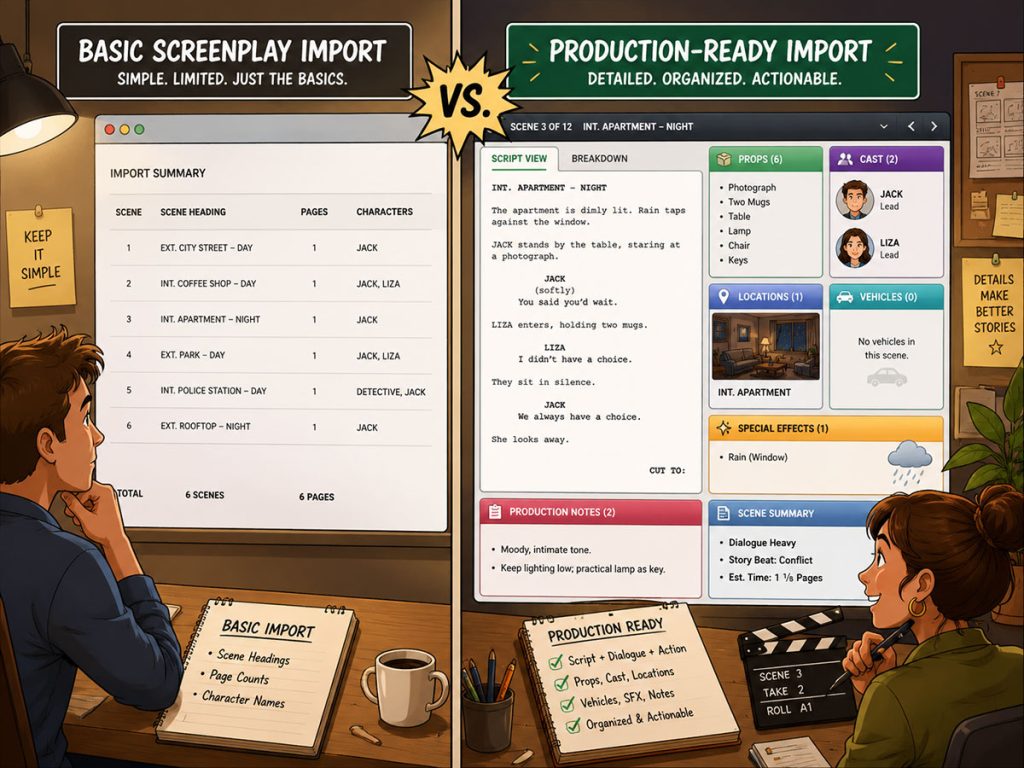 Comparison between a basic screenplay import and a full production-ready script breakdown workflow.