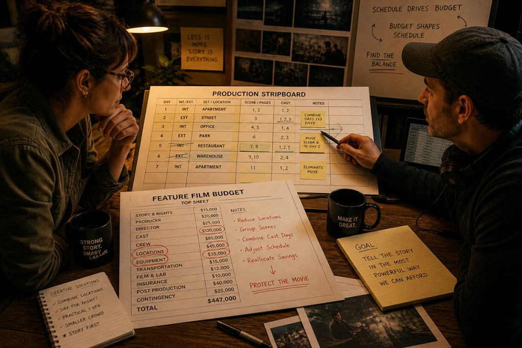 Producer and assistant director reviewing a film budget and stripboard, rearranging scenes to reduce locations, cast days, and equipment costs during pre-production.