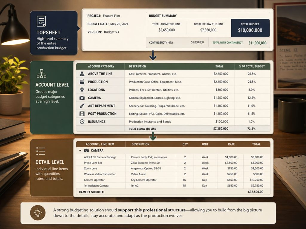 Professional film budget structure showing topsheet, account level, and detail level connected in a clear budgeting workflow.