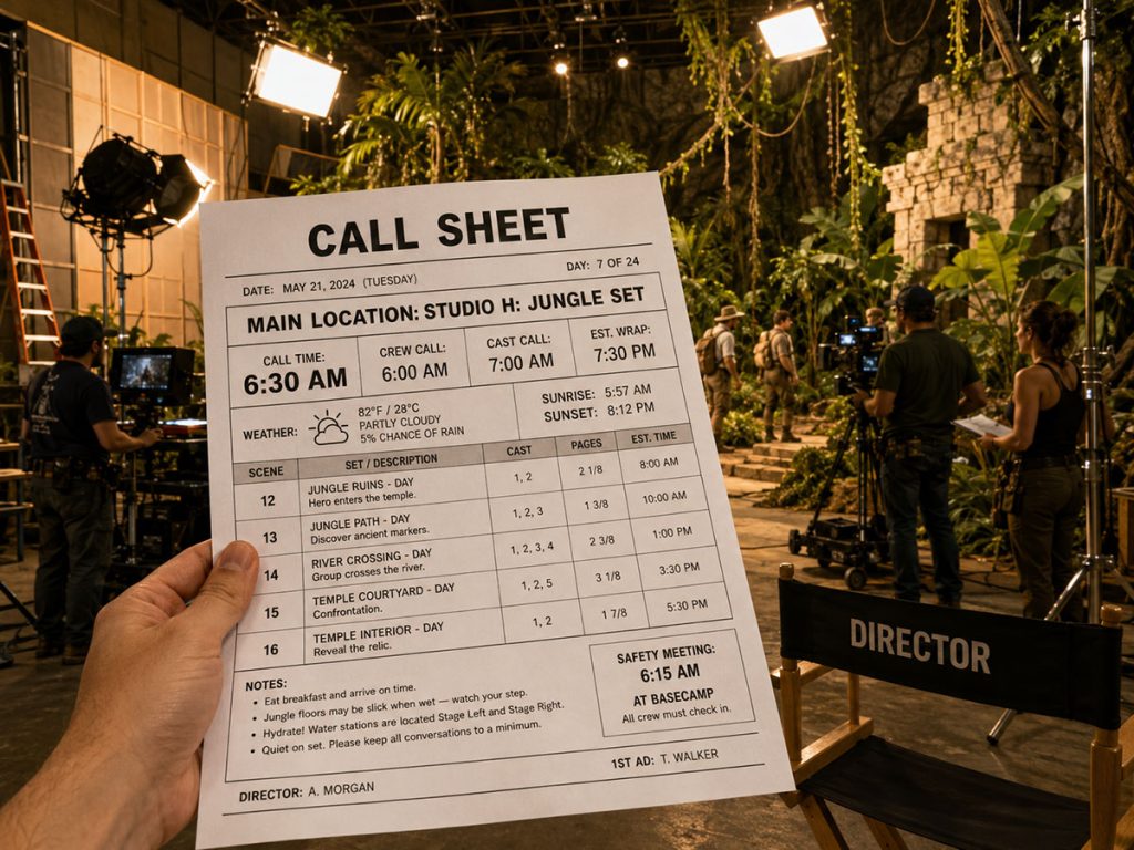 Production coordinator preparing a call sheet using detailed location records, main location, address, parking notes, permits, weather, and scene locations.
