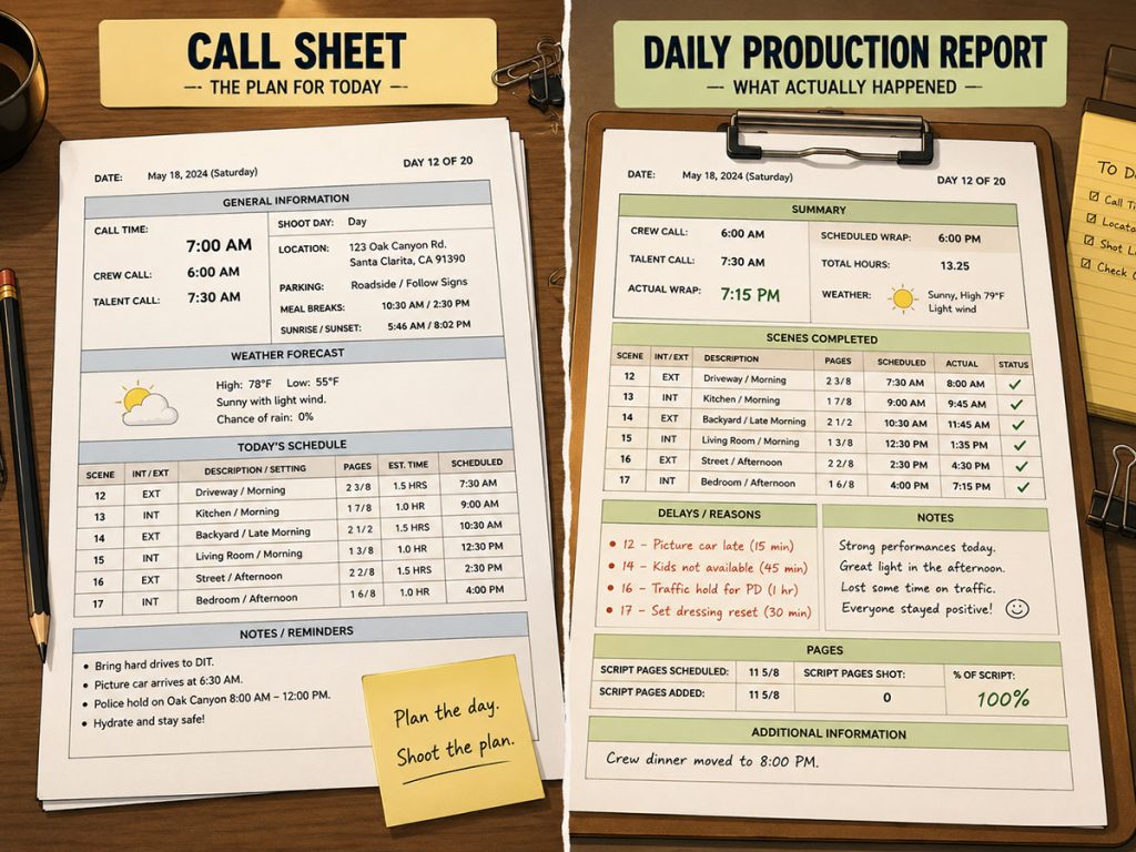 Split-screen comparison of a call sheet showing the planned shoot day and a Daily Production Report showing what actually happened on set.