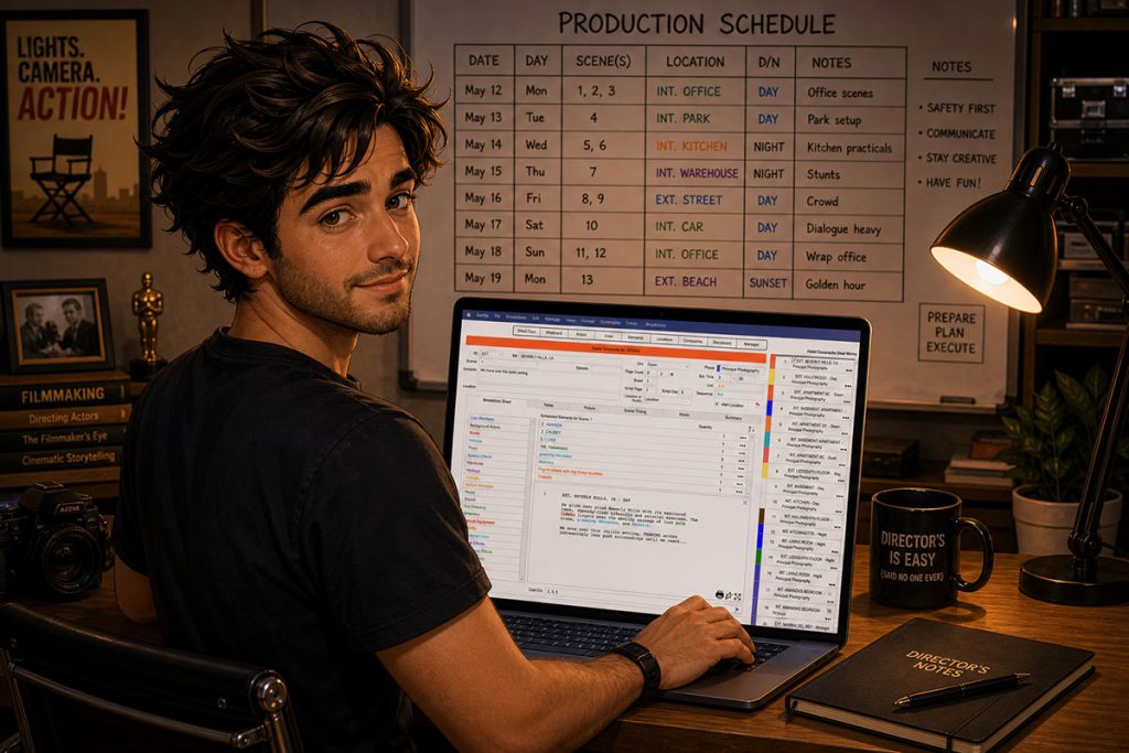 organized filmmaker using film scheduling software to plan a shoot