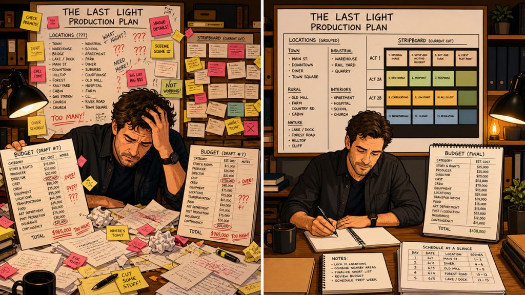 Side-by-side comparison of a chaotic film budget and a streamlined production plan with organized script breakdown and stripboard.