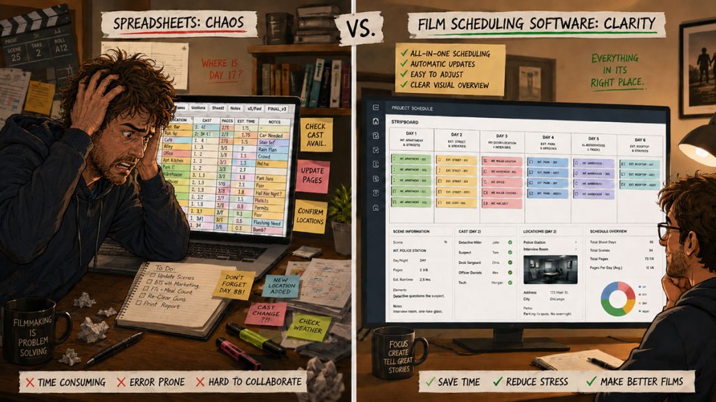 Split-screen comparison of a cluttered film scheduling spreadsheet and a clean digital stripboard used for professional pre-production planning.