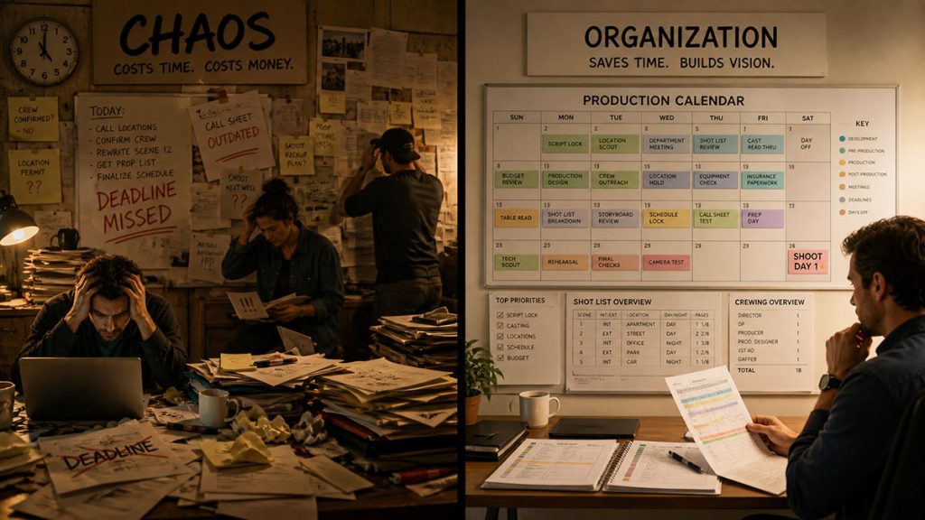 Comparison between chaotic pre-production and an organized film production calendar.