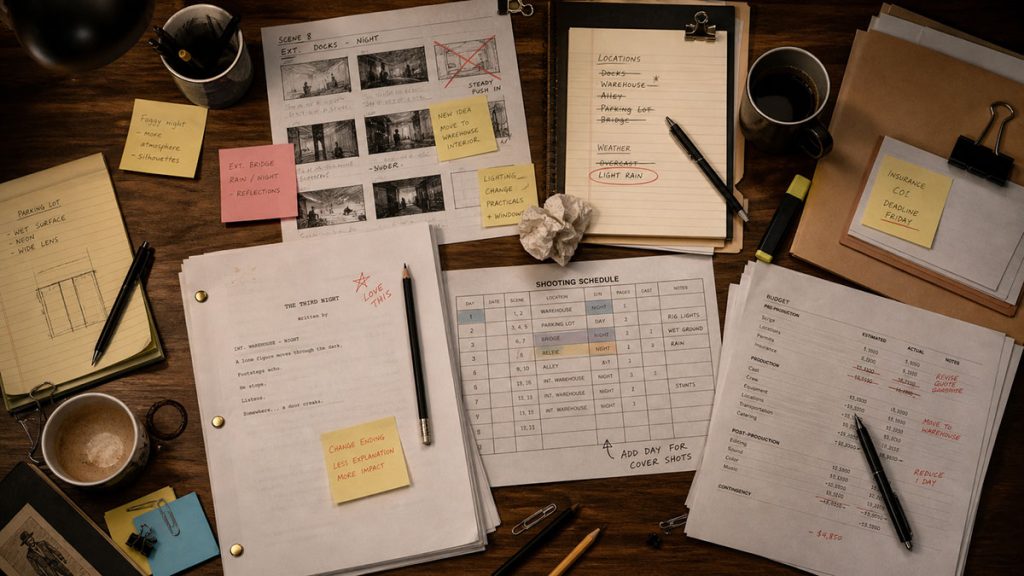 Film production planning table showing how budget and scheduling limitations lead to creative alternatives.