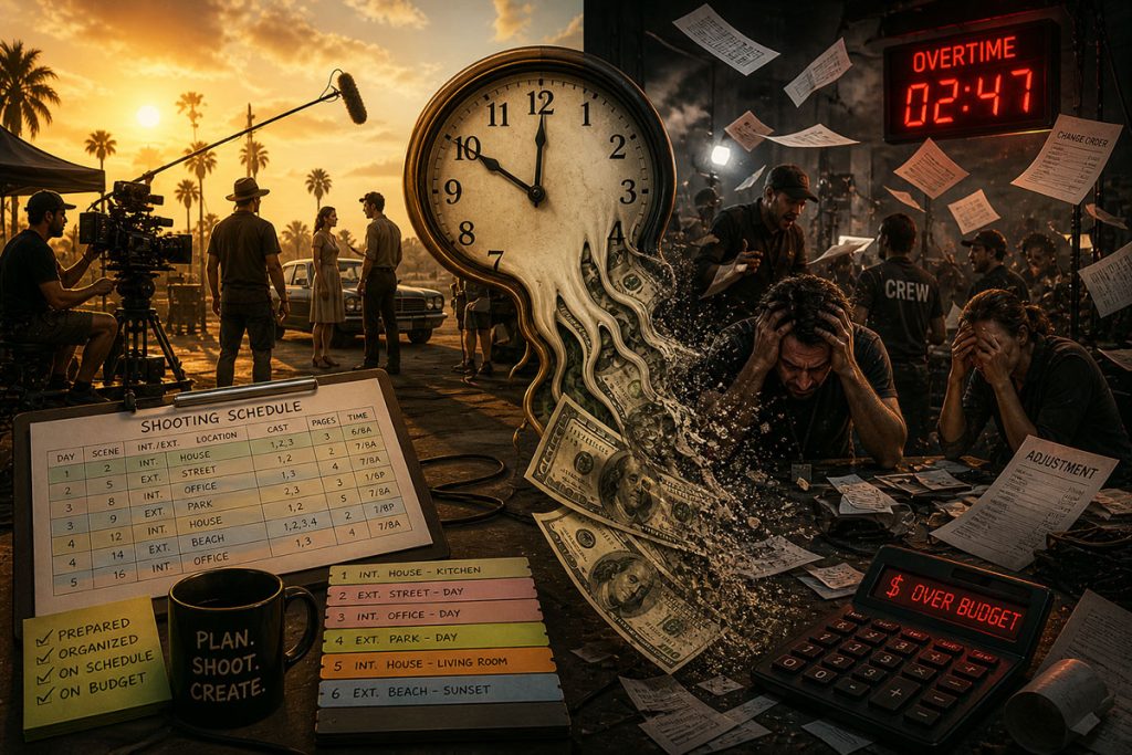 Split-scene film set showing efficient production on one side and chaotic overtime shoot on the other, with a melting clock turning into money to illustrate how time impacts a film budget.