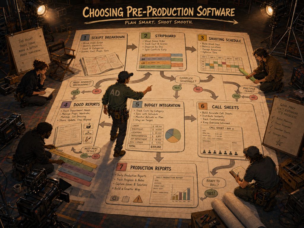 Flowchart showing what filmmakers should look for when choosing pre-production software.