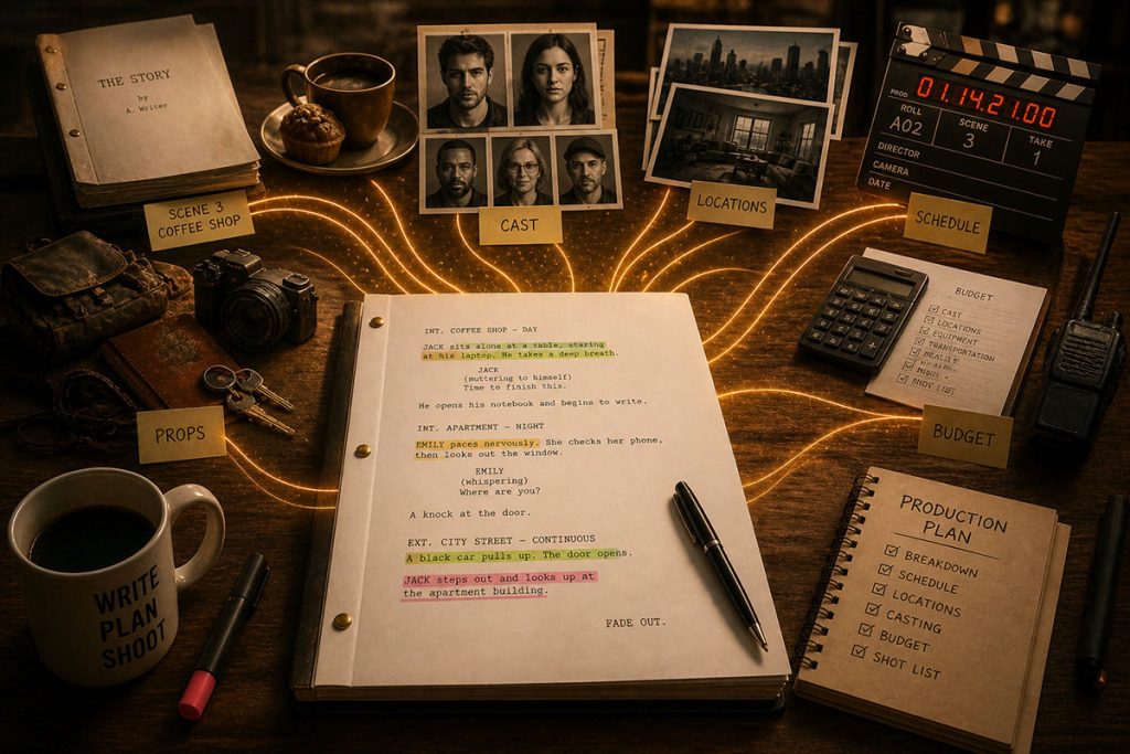 Screenplay transforming into production elements like props, cast, and locations, illustrating the script breakdown process in film production.