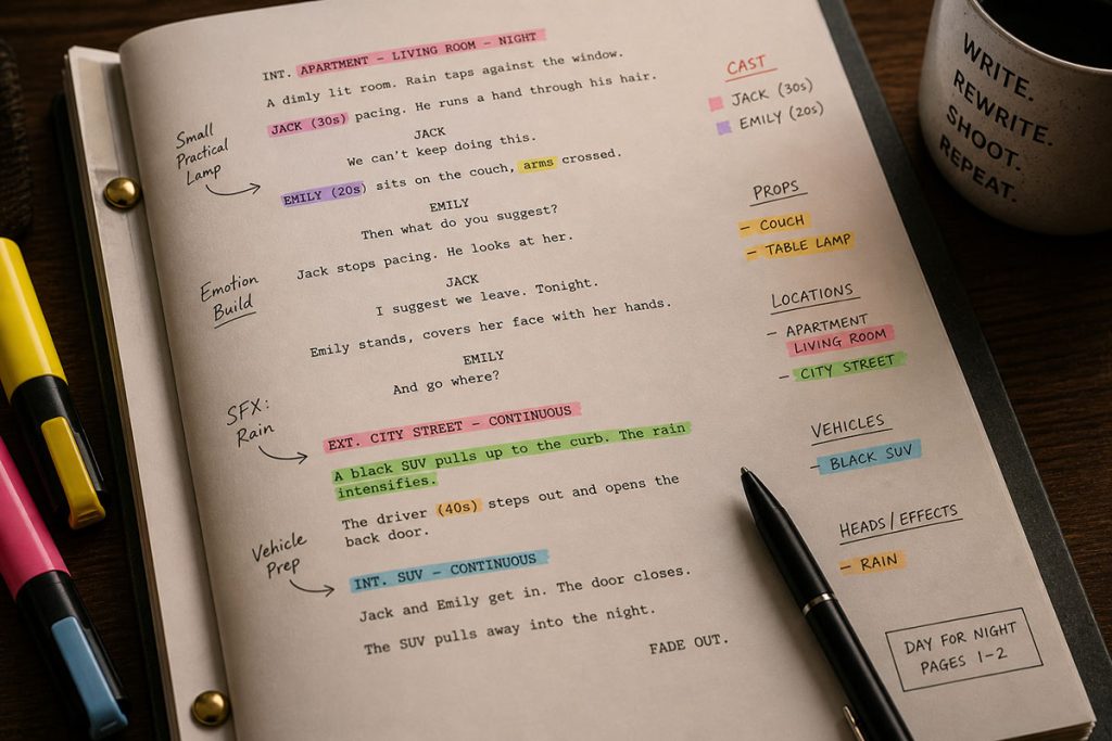 Screenplay page marked with colored highlights identifying production elements like props, cast, and locations during a script breakdown.