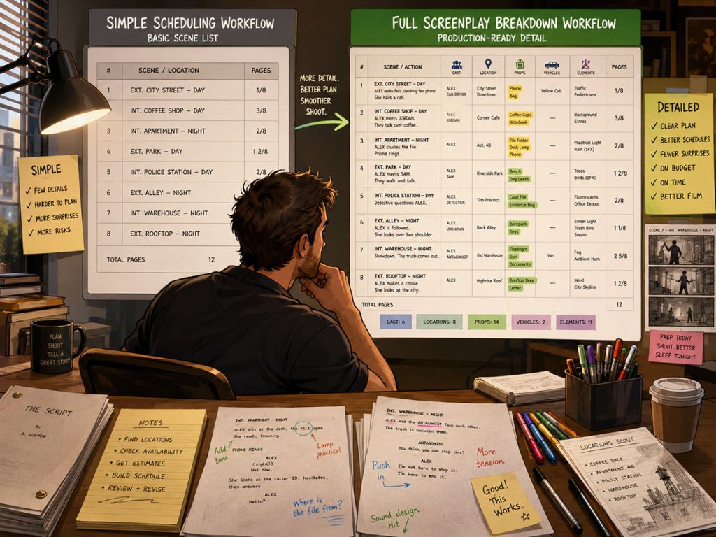 Filmmaker comparing a basic scene list with a fuller screenplay breakdown workflow for film scheduling.