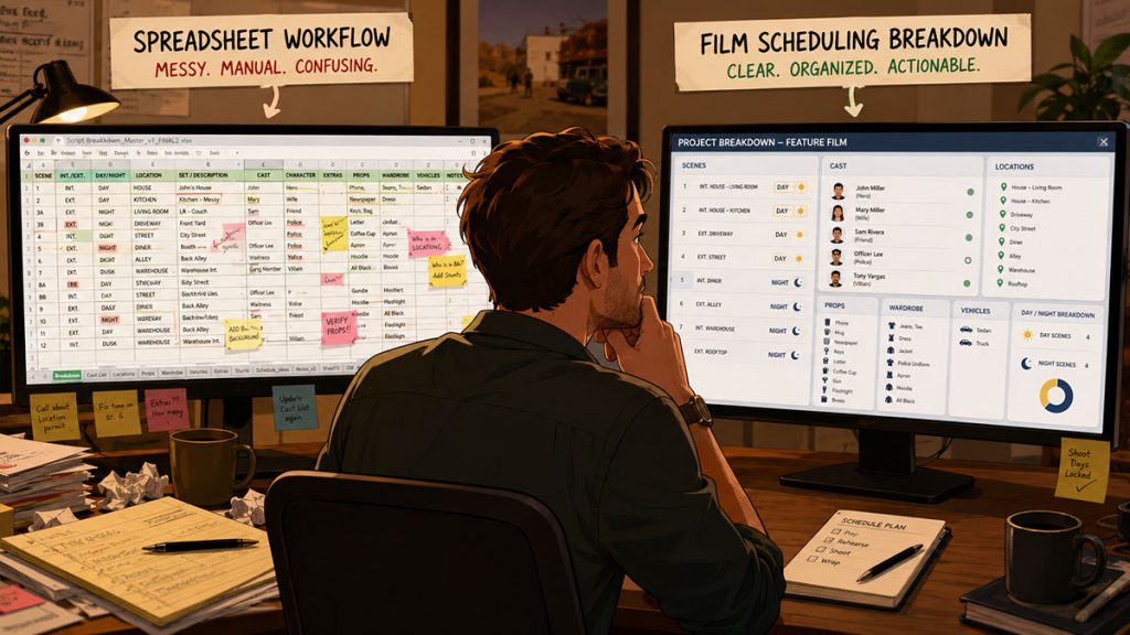 Comparison of a manual spreadsheet script breakdown and an organized film scheduling software breakdown with production categories.