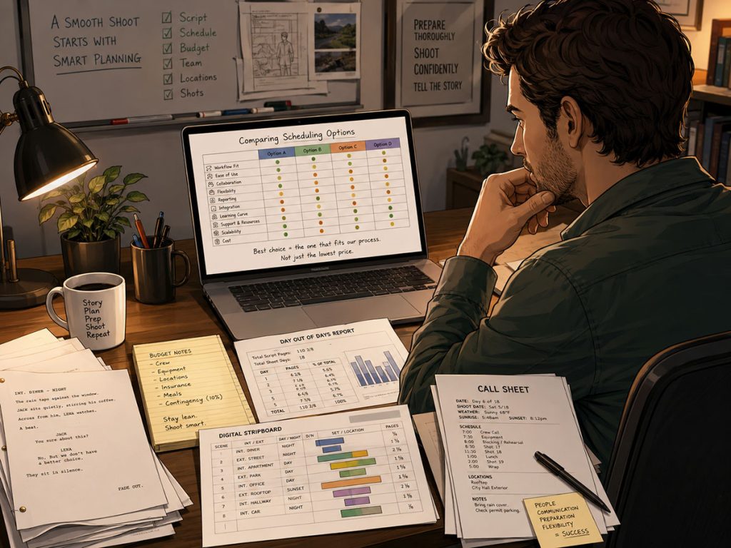 Filmmaker comparing Movie Magic Scheduling alternatives beside production strips, script pages, reports, and budget notes.