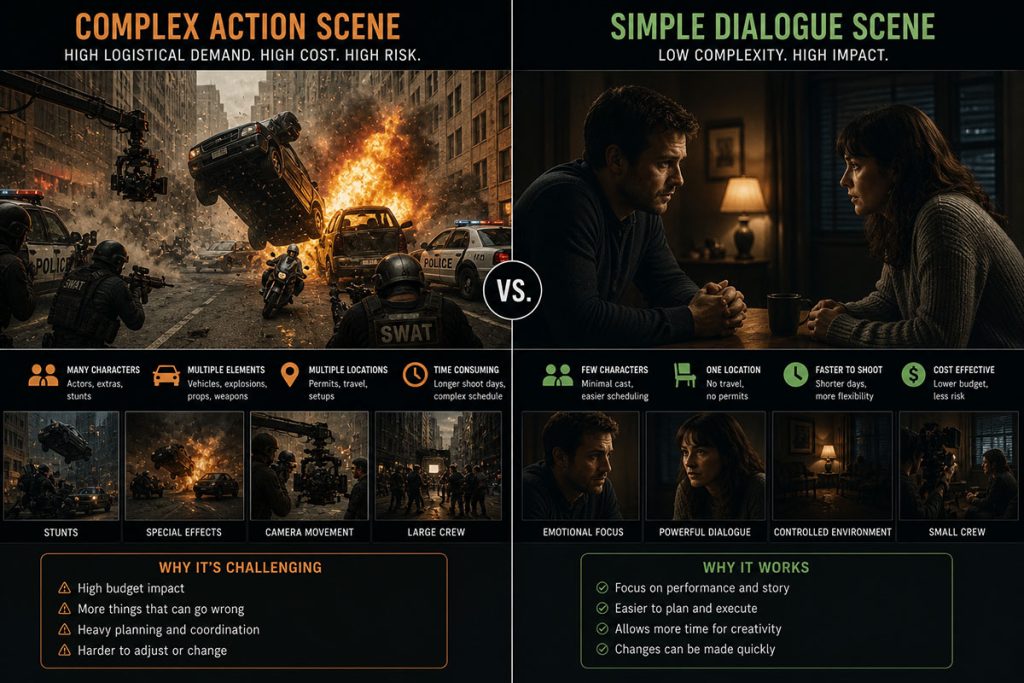 Split comparison between a complex action scene and a simple dialogue scene, illustrating production complexity differences.