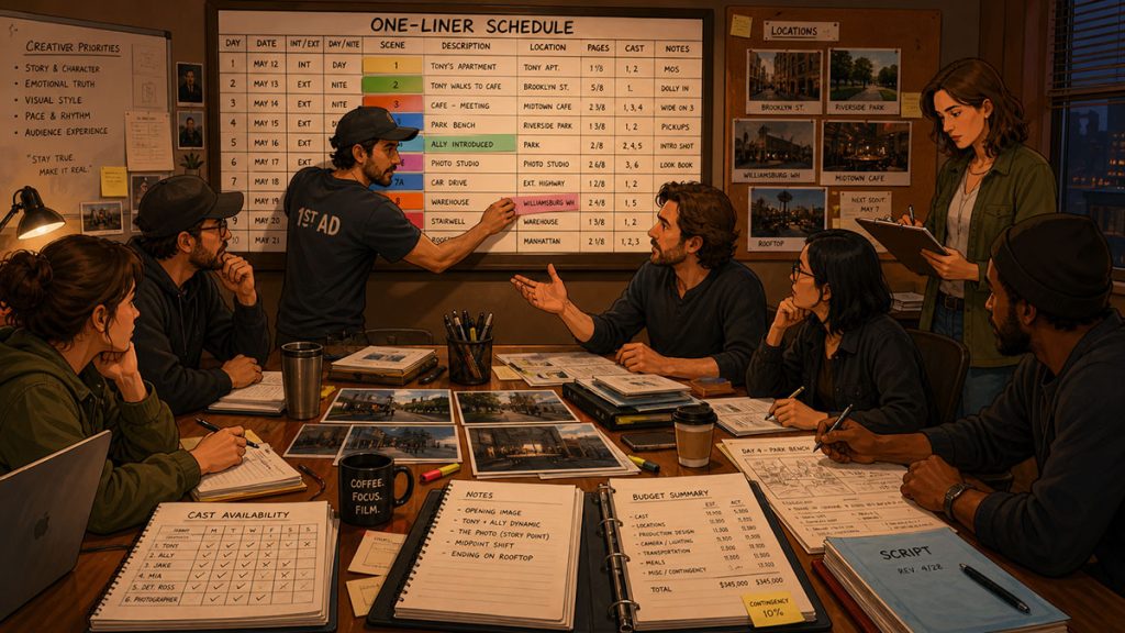 Production team revising a one-liner schedule together during film pre-production.