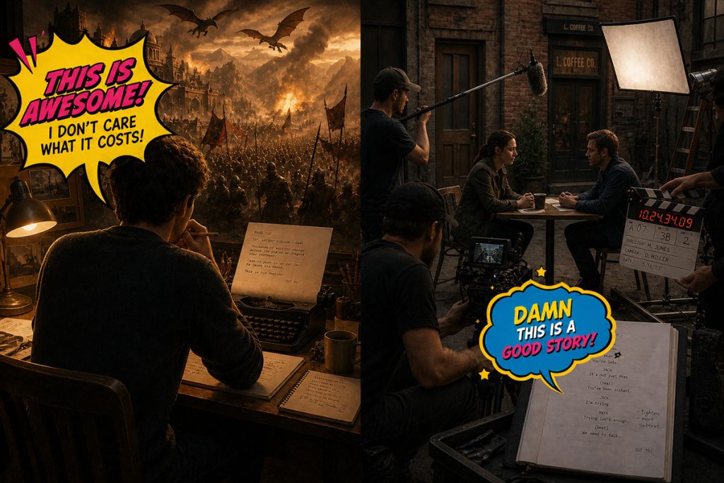 Split-scene showing a screenwriter imagining a large-scale film versus a realistic film set, illustrating the difference between writing and production.