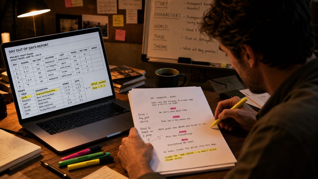 Screenwriter reviewing how characters and props in a script appear across a Day Out of Days report.